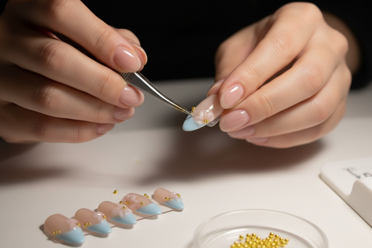 Nail Technician Creating Blue French Tip Design